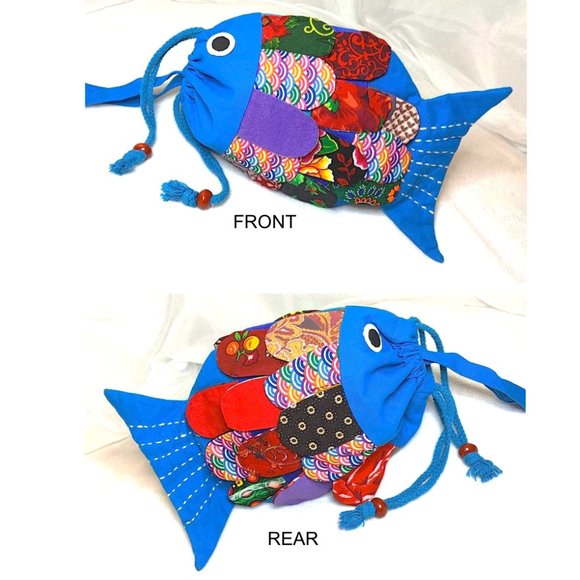 New Patchwork Kids Fish Blue Crossbody Bag Mini Tote Drawstring Red Purple Lined - Picture 4 of 11